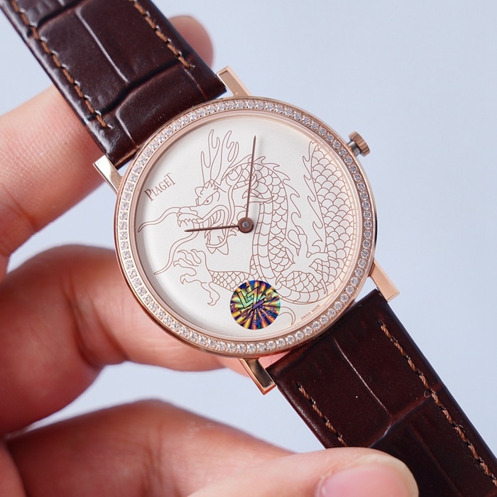 Top-tier watch Piaget men's white dial dragon and phoenix series leather strap watch front view