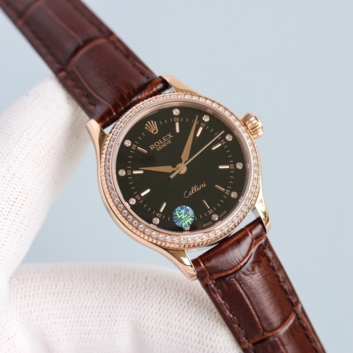 Top Rolex Ladies' Cellini series black dial leather strap watch, front view