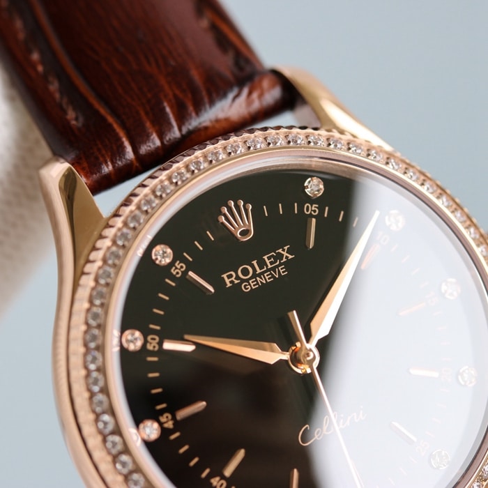 High-quality Rolex women's watch, Cellini series, black dial, leather strap, detailed images