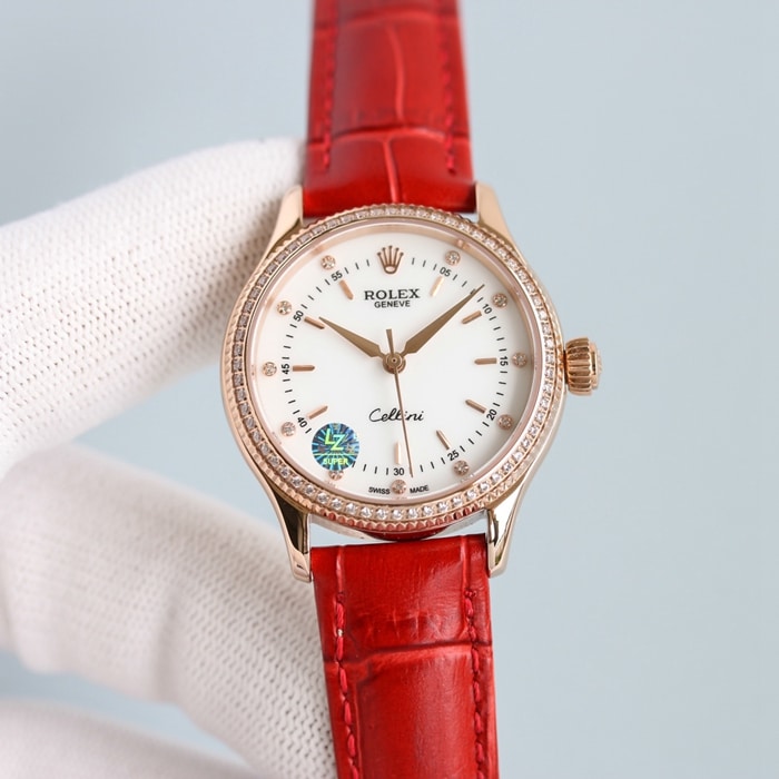 Top Rolex Ladies' Cellini series black dial leather strap watch, front view