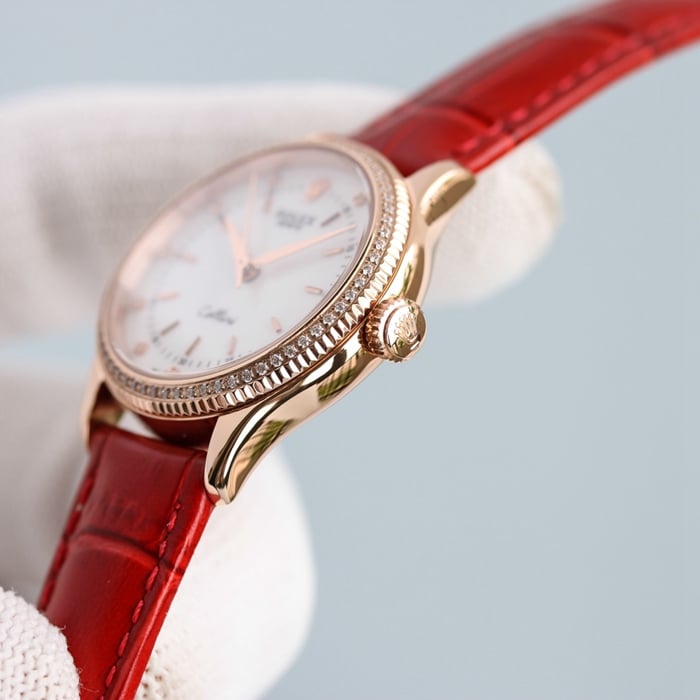 Top Rolex women's Cellini series leather strap watch, black dial, side view