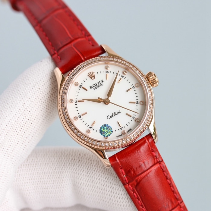 Top Rolex Ladies' Cellini series black dial leather strap watch, front view