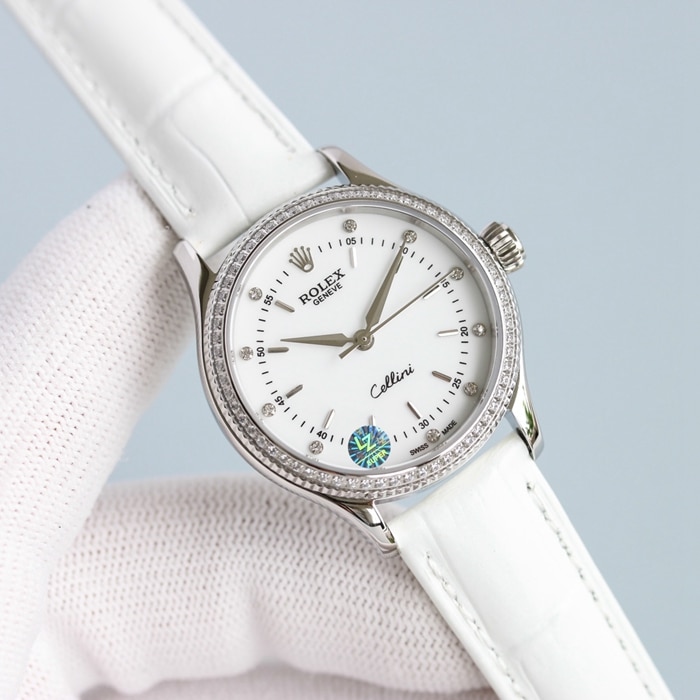 Top Rolex Ladies' Cellini series black dial leather strap watch, front view