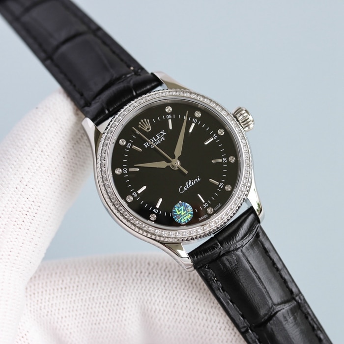 Top Rolex Ladies' Cellini series black dial leather strap watch, front view