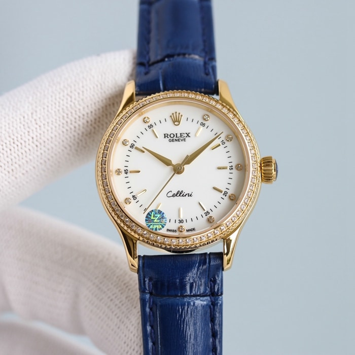 Top Rolex Ladies' Cellini series black dial leather strap watch, front view