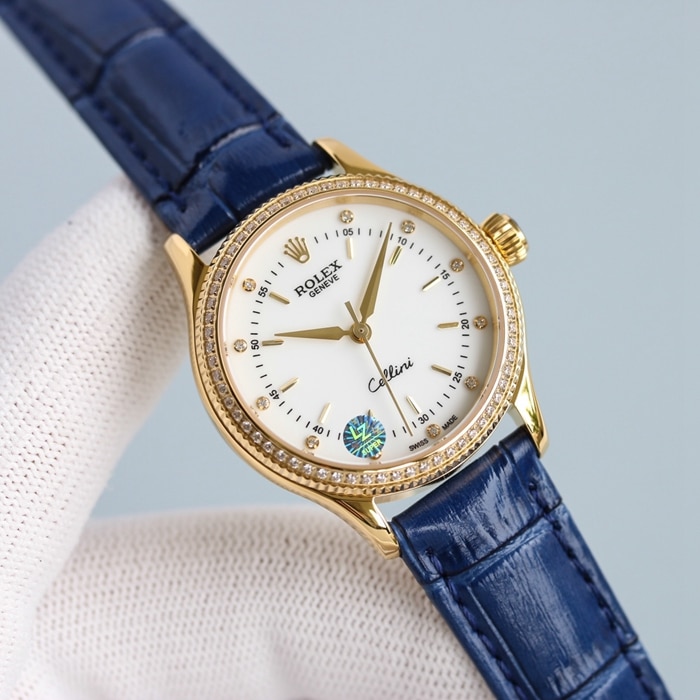 Top Rolex Ladies' Cellini series black dial leather strap watch, front view