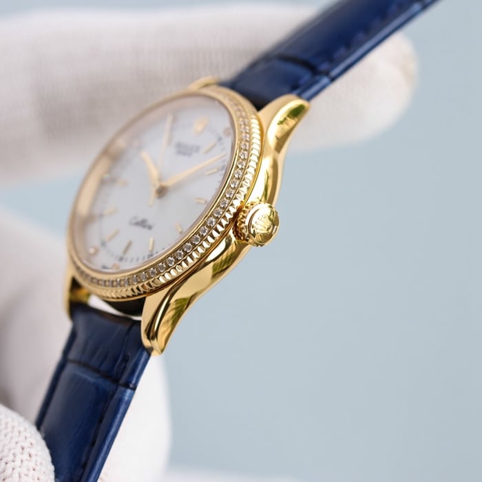 Top Rolex women's Cellini series leather strap watch, black dial, side view