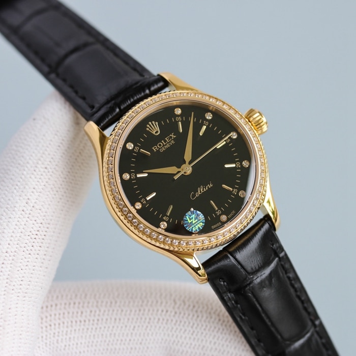 Top Rolex Ladies' Cellini series black dial leather strap watch, front view