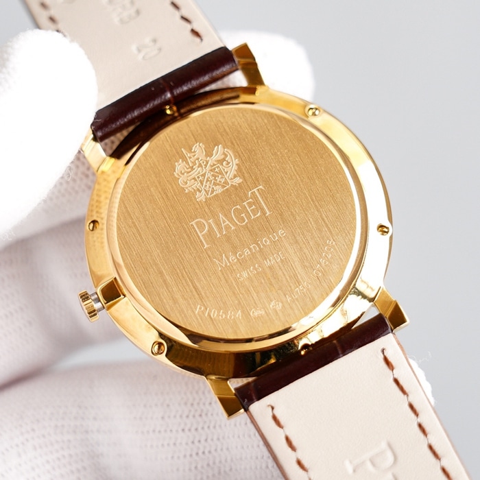 Top-tier watch Piaget men's gold plate Altiplano series automatic movementleather strap watch back cover picture