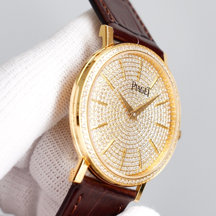 Top-tier watch Piaget men's gold plate Altiplano series automatic movementleather strap watch side view