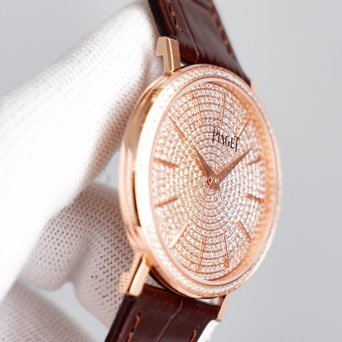 Top-tier watch Piaget men's gold plate Altiplano series automatic movementleather strap watch side view
