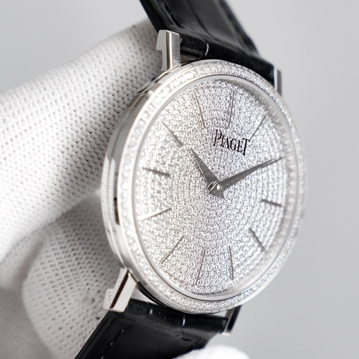 top-tier watch Piaget men's gray plate Altiplano series automatic movementleather strap watch side view