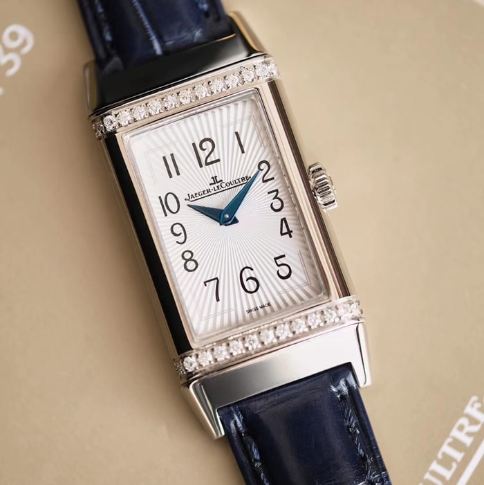 Top Jaeger-LeCoultre women's watch, white dial Reverso series, leather strap, front view