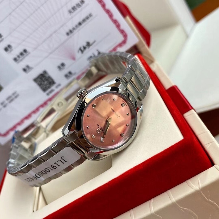 top-tier watch Omega women's pink dial Seamaster series steel bracelet watch front view