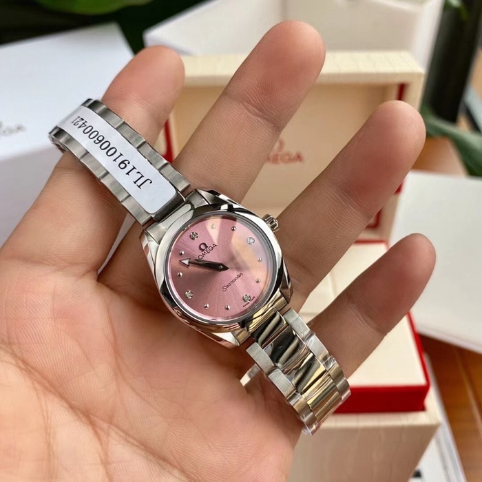 top-tier watch Omega women's pink dial Seamaster series steel bracelet watch front view