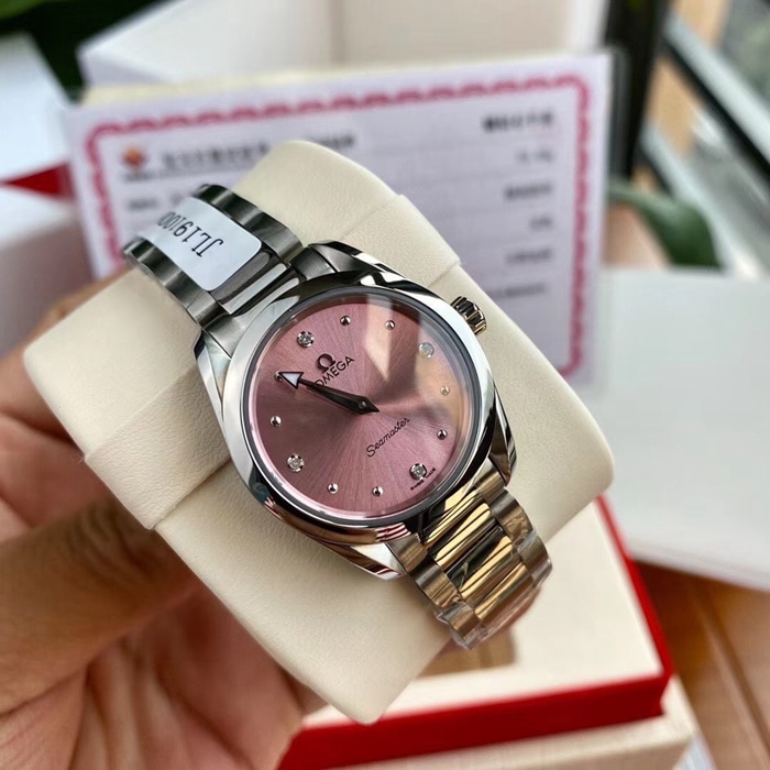 top-tier watch Omega women's pink dial Seamaster series steel bracelet watch front view