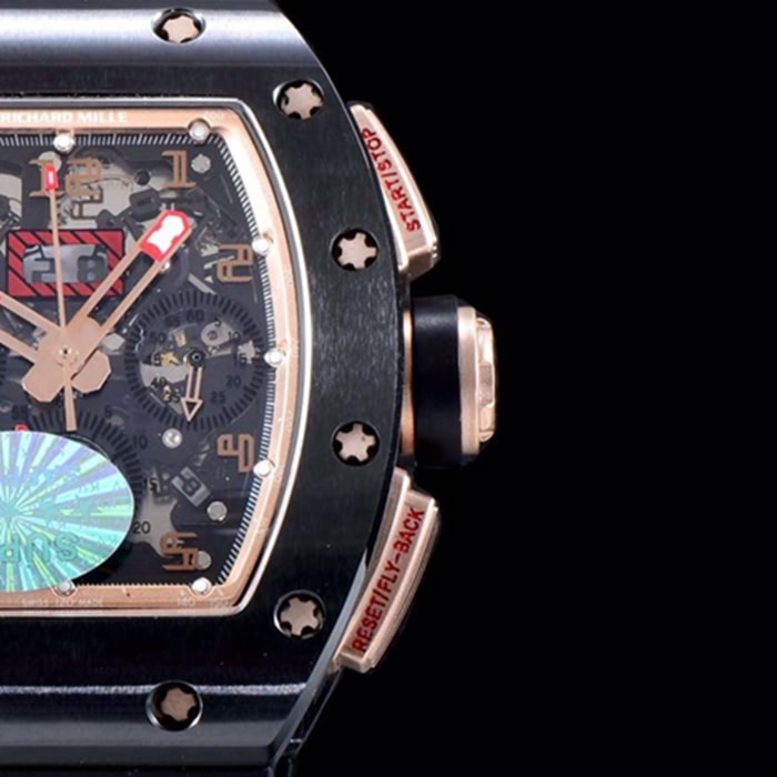 top-tier watch Richard Mille men's black dial automatic chronograph watch detail shots