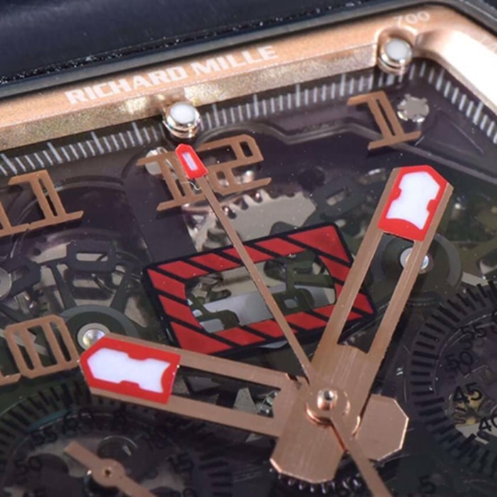 top-tier watch Richard Mille men's black dial automatic chronograph watch detail shots