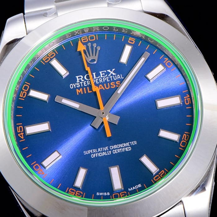 top-tier watch Rolex men's blue dialsteel bracelet watch front view