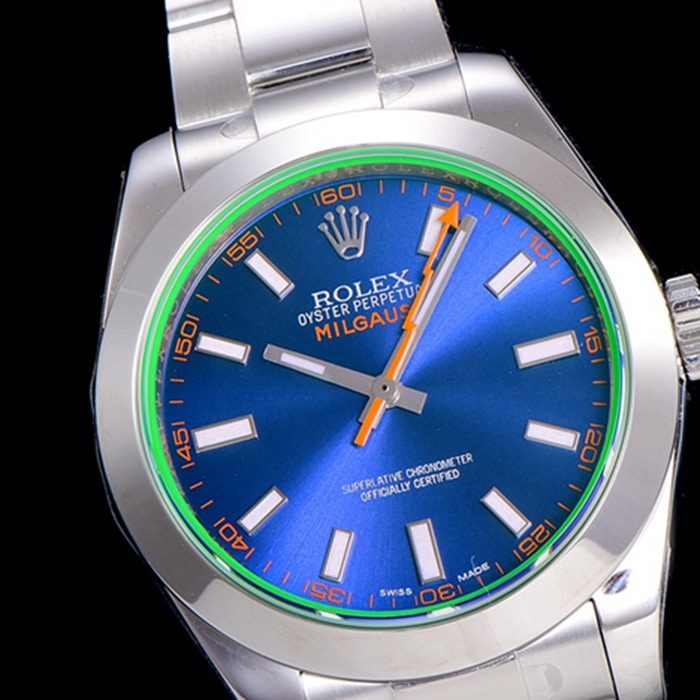 top-tier watch Rolex men's blue dialsteel bracelet watch front view