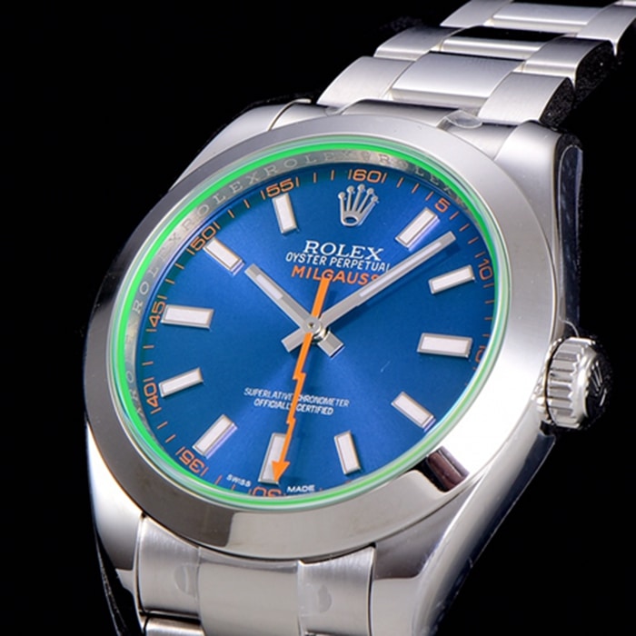 top-tier watch Rolex men's blue dialsteel bracelet watch front view