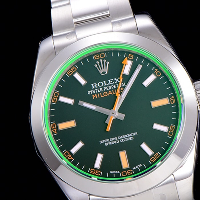 top-tier watch Rolex men's green dialsteel bracelet watch front view