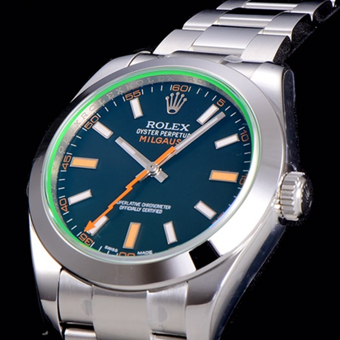 top-tier watch Rolex men's green dialsteel bracelet watch front view