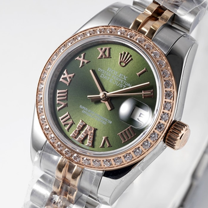 top-tier watch Rolex women's green dial Date just steel bracelet watch front view