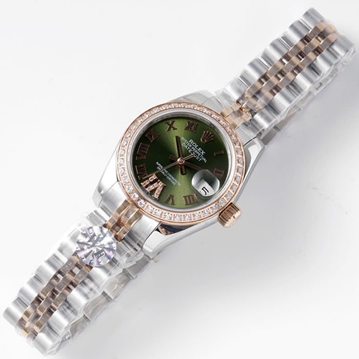 top-tier watch Rolex women's green dial Date just steel bracelet watch front view
