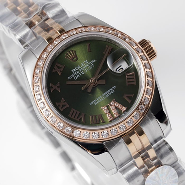 top-tier watch Rolex women's green dial Date just steel bracelet watch front view