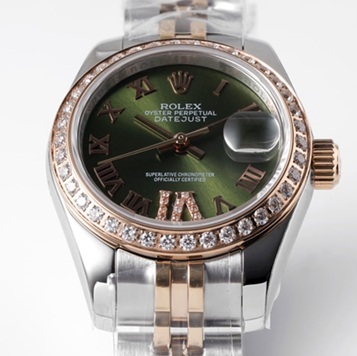 top-tier watch Rolex women's green dial Date just steel bracelet watch front view