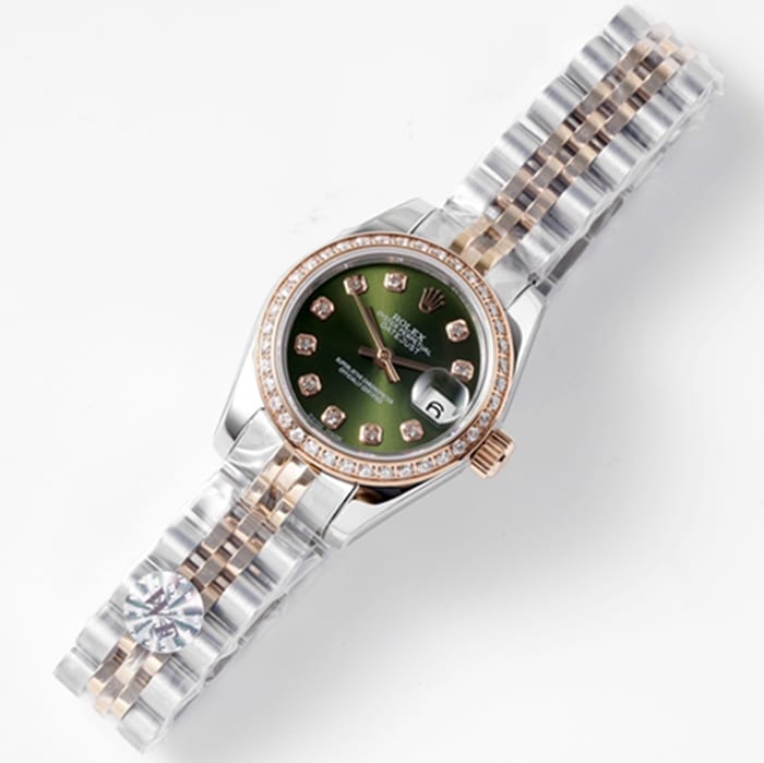 top-tier watch Rolexladies' watchgreen dialDatejuststeel bracelet front view