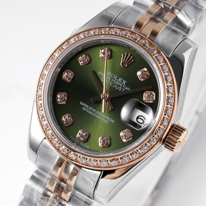 top-tier watch Rolexladies' watchgreen dialDatejuststeel bracelet front view