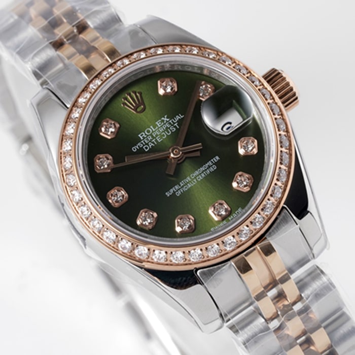 top-tier watch Rolexladies' watchgreen dialDatejuststeel bracelet front view
