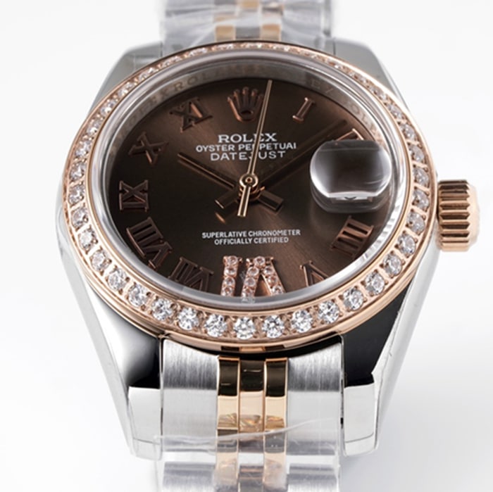 Top-tier watch Rolex women's brown dial Datejuststeel bracelet watch front view