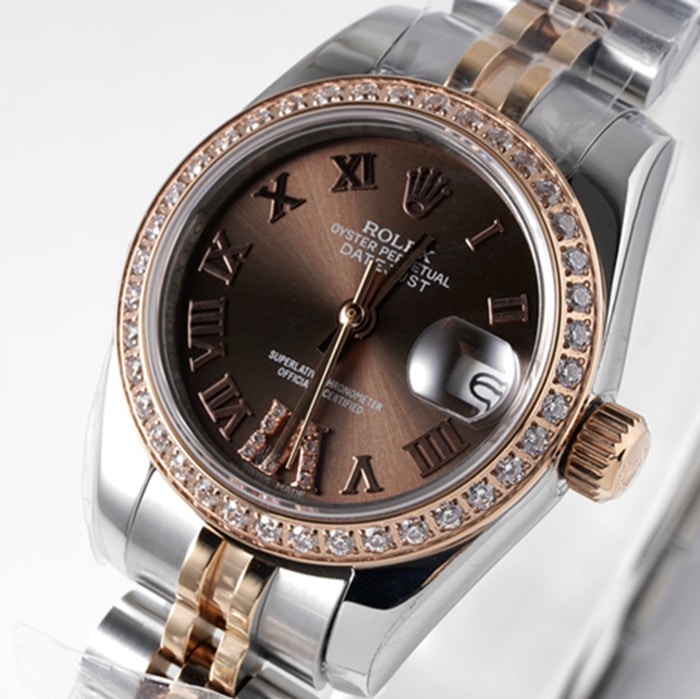 Top-tier watch Rolex women's brown dial Datejuststeel bracelet watch front view