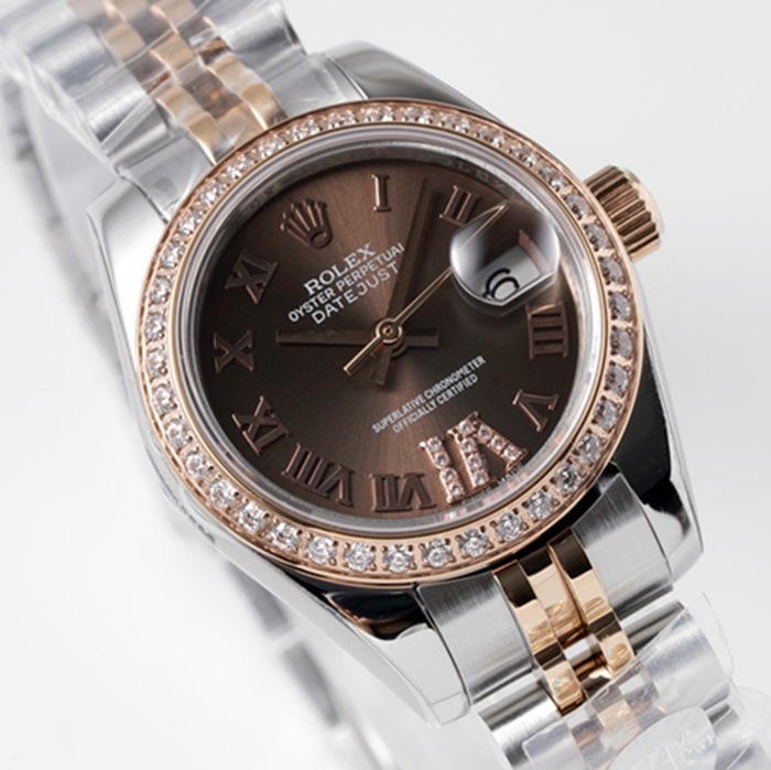 Top-tier watch Rolex women's brown dial Datejuststeel bracelet watch front view