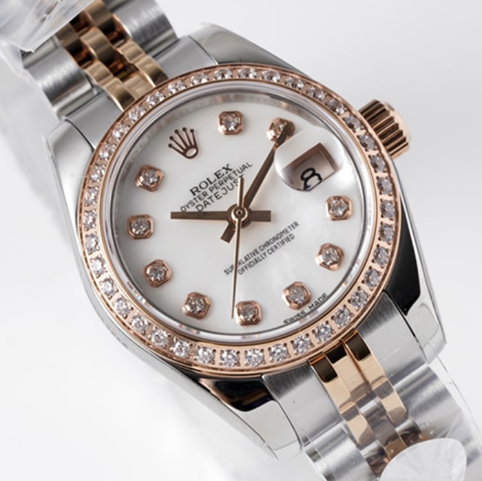 Top-tier watch Rolex women's white dial Date just steel bracelet watch front view