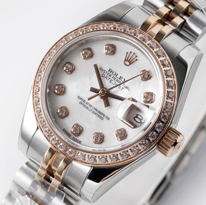 Top-tier watch Rolex women's white dial Date just steel bracelet watch front view