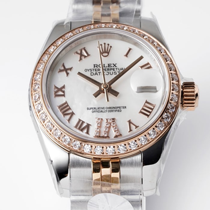 top-tier watch Rolex women's white dial Date just steel bracelet watch front view