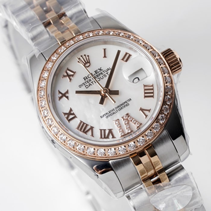 top-tier watch Rolex women's white dial Date just steel bracelet watch front view