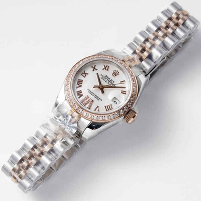 top-tier watch Rolex women's white dial Date just steel bracelet watch front view