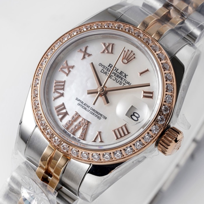 top-tier watch Rolex women's white dial Date just steel bracelet watch front view