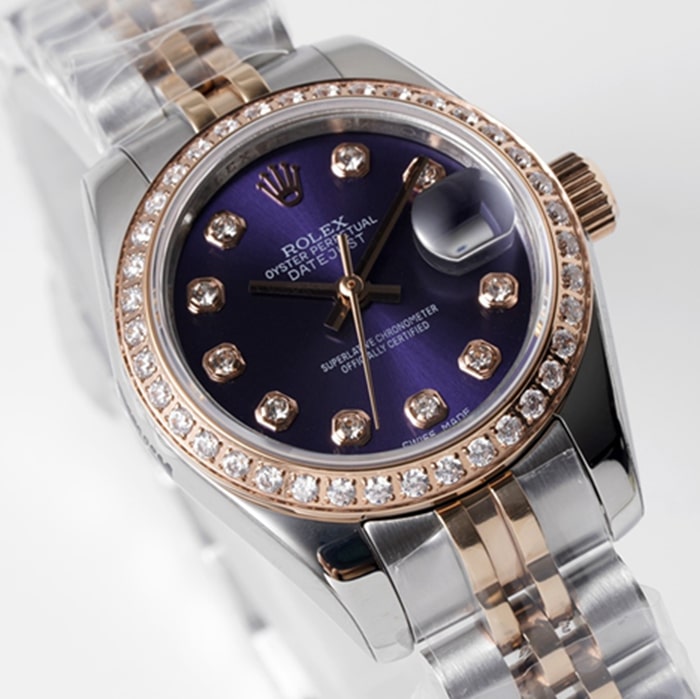 top-tier watch Rolex women's blue dial Date just steel bracelet watch front view