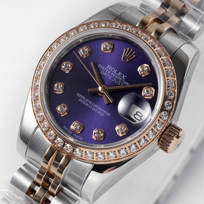 top-tier watch Rolex women's blue dial Date just steel bracelet watch front view