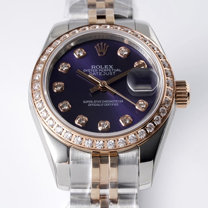 top-tier watch Rolex women's blue dial Date just steel bracelet watch front view