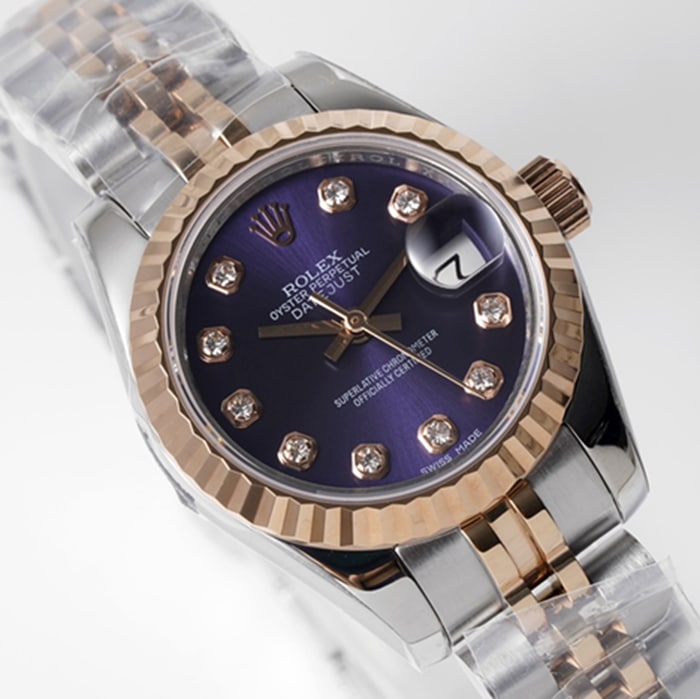 top-tier watch Rolex women's blue dial Date just steel bracelet watch front view