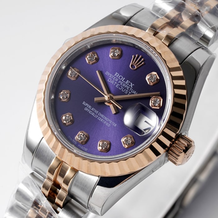 top-tier watch Rolex women's blue dial Date just steel bracelet watch front view