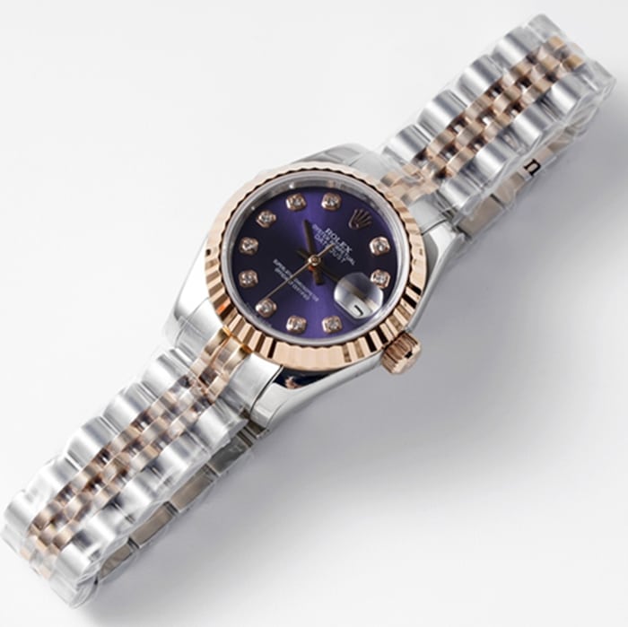 top-tier watch Rolex women's blue dial Date just steel bracelet watch front view