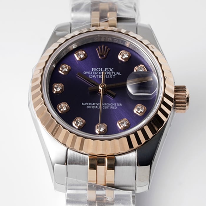 top-tier watch Rolex women's blue dial Date just steel bracelet watch front view